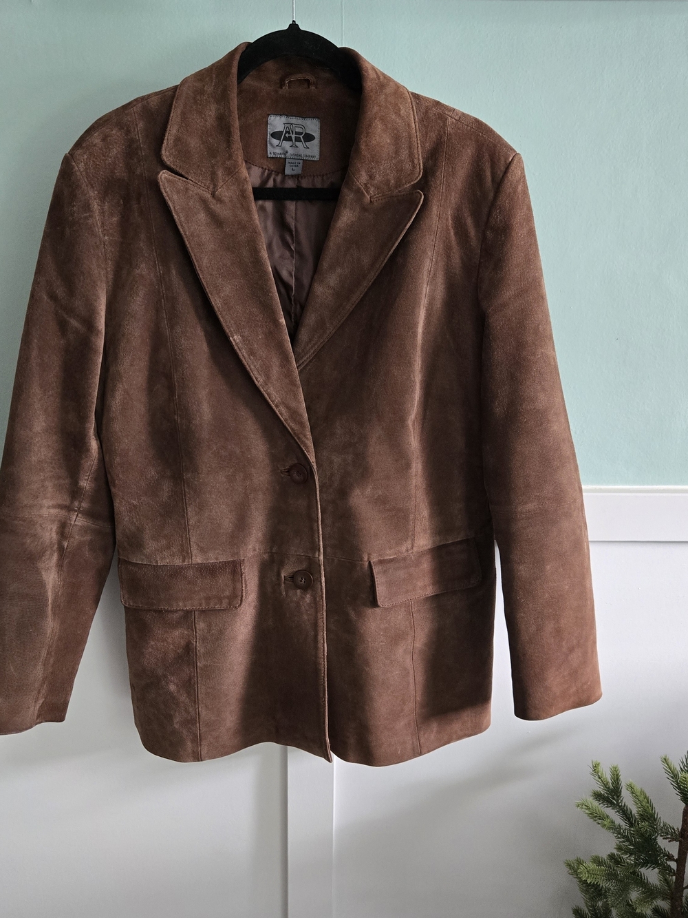 BERNARDO Suede Leather Blazer Jacket Tan Brown Two Button Women Size L Lined Vtg